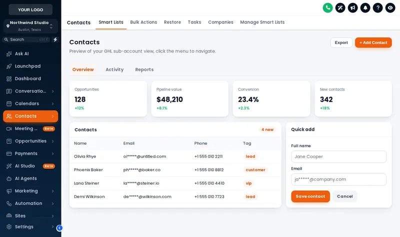 GoHighLevel contacts page restyled with the Midnight Ember theme and the Soft Shadow UI kit: dark navy sidebar, orange accents and soft cards