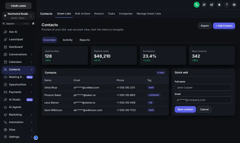 Dark mode GoHighLevel contacts page in the Graphite Pro theme with the Soft Shadow UI kit